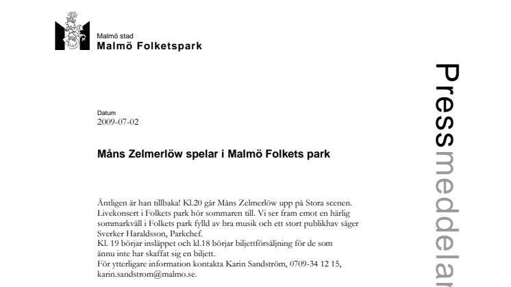 Måns Zelmerlöw spelar i Malmö Folkets park 