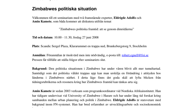 Pressinbjudan - Zimbabwes politiska situation