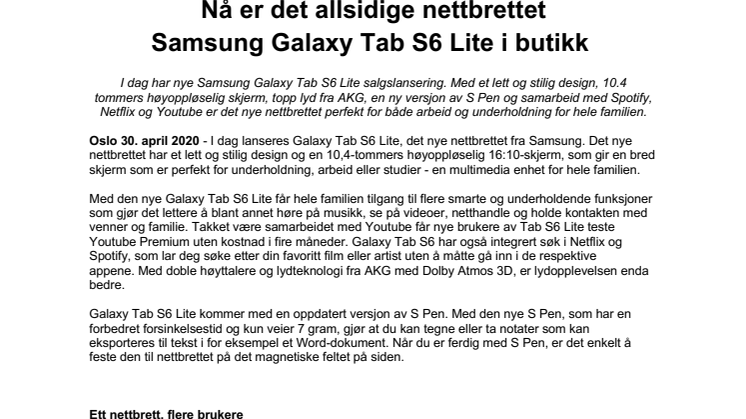 Nå er det allsidige nettbrettet Samsung Galaxy Tab S6 Lite i butikk