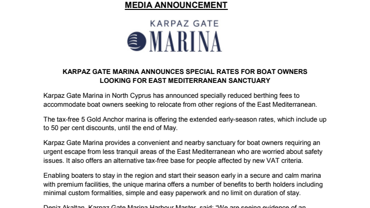 Karpaz Gate Marina: Announces Special Rates for Boat Owners Looking for East Mediterranean Sanctuary    