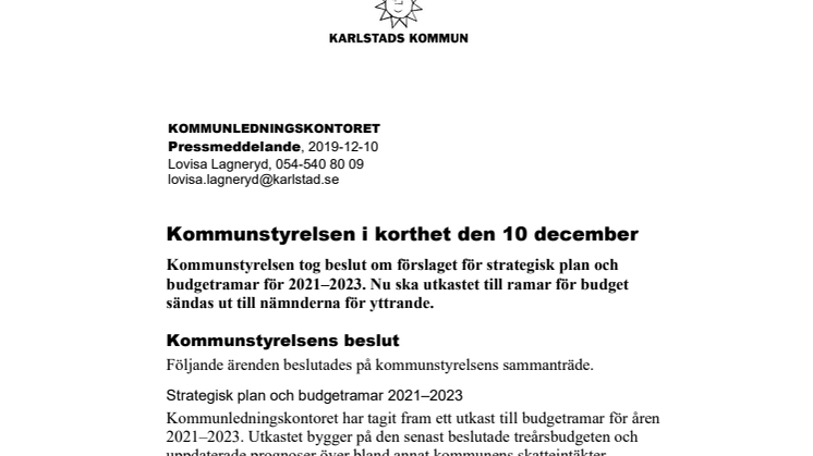 Kommunstyrelsen i korthet den 10 december