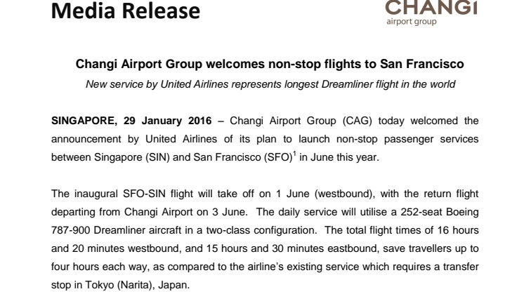 Changi Airport Group welcomes non-stop flights to San Francisco
