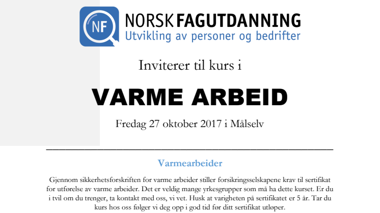 Invitasjon til varmearbeid kurs i Målselv den 27 oktober 2017