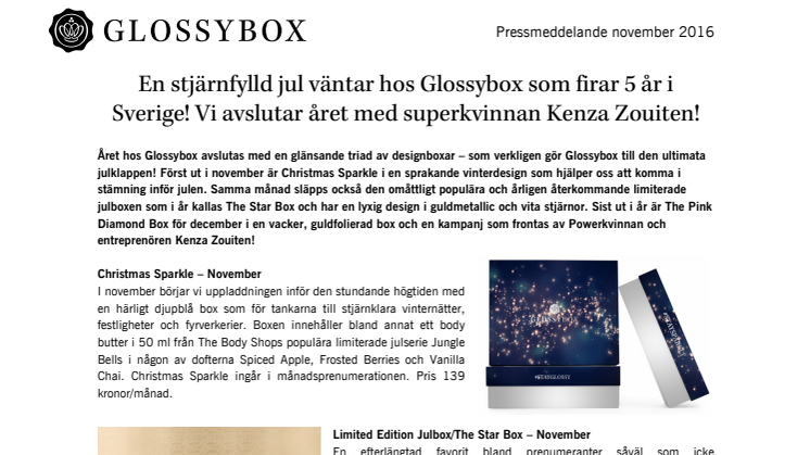 En stjärnfylld jul väntar hos Glossybox som firar 5 år i Sverige! Vi avslutar året med superkvinnan Kenza Zouiten!