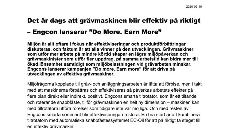 Det är dags att grävmaskinen blir effektiv på riktigt – Engcon lanserar ”Do More. Earn More”