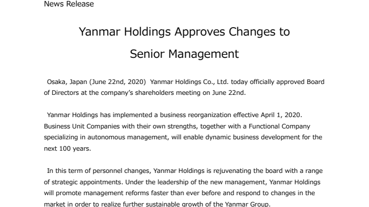 Yanmar Holdings Approves Changes to Senior Management