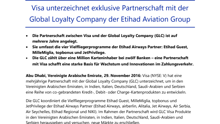  Visa unterzeichnet exklusive Partnerschaft mit der Global Loyalty Company der Etihad Aviation Group