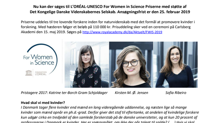 L'Oréal-UNESCO For Women in Science Priserne kan nu søges