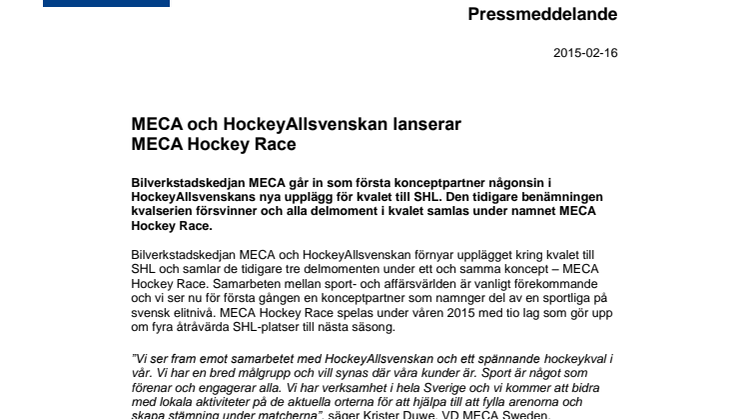 MECA och HockeyAllsvenskan lanserar MECA Hockey Race