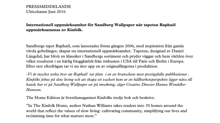 Internationell uppmärksamhet för Sandberg Wallpaper när tapeten Raphaël uppmärksammas av Kinfolk.