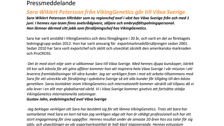 Sara Wiklert Petersson från VikingGenetics går till Växa Sverige