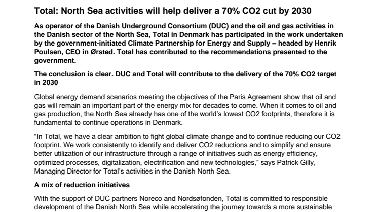 Total: Nordsø-aktiviteterne vil bidrage til at nå 70% CO2 målet i 2030