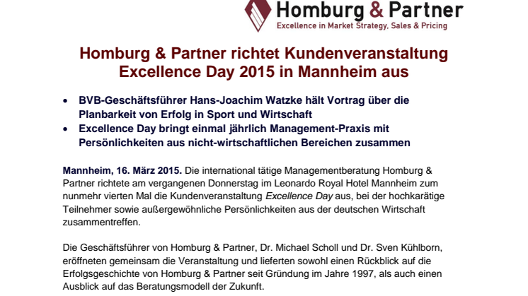 Homburg & Partner richtet Kundenveranstaltung Excellence Day 2015 in Mannheim aus 