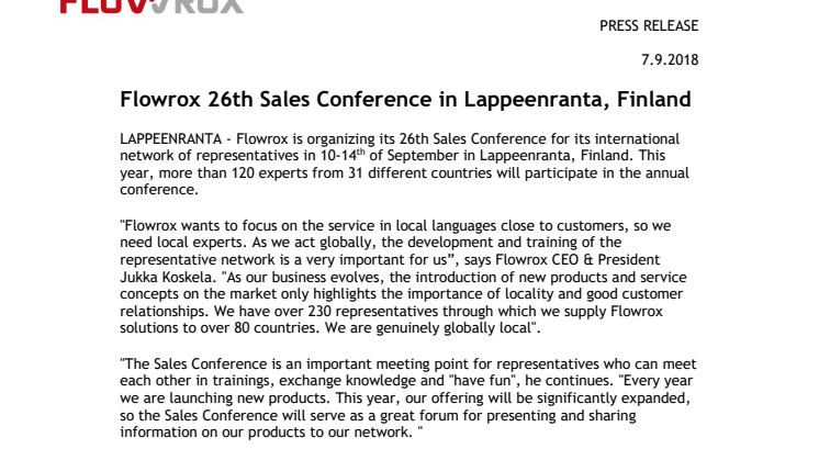 Flowrox 26th Sales Conference in Lappeenranta, Finland