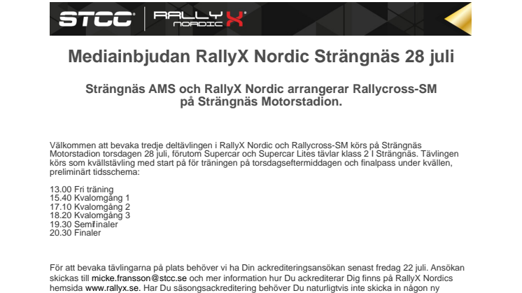 Mediainbjudan RallyX Nordic Strängnäs 28 juli