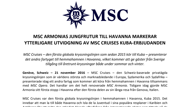 MSC Armonias jungfrutur till Havanna markerar ytterligare utvidgning av MSC Cruises Kuba-erbjudanden