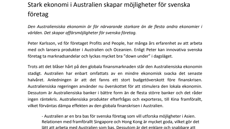 Stark ekonomi i Australien skapar möjligheter för svenska företag  