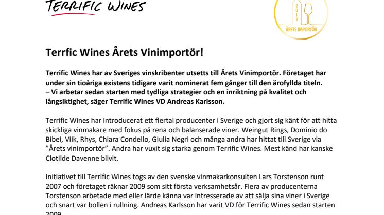 Terrfic Wines Årets Vinimportör!