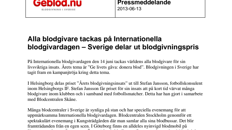 Alla blodgivare tackas på Internationella blodgivardagen – Sverige delar ut blodgivningspris