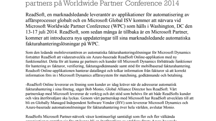 ReadSoft lanserar förbättrad funktionalitet avseende automatisk fakturahantering till Microsoft och dess partners på Worldwide Partner Conference 2014