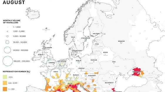 Beskrivning av riskområden för augusti. Reproduction  Number beskriver hur snabbt zikaepidemier kan förväntas växa och spridas. Vid värden under 1 dör epidemier ut, vid högre värden är tillväxten explosionsartad. (Bild: EBioMedicine)