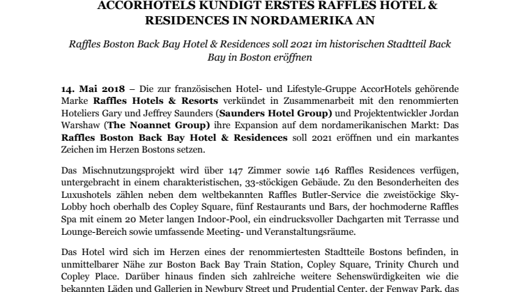 AccorHotels kündigt erstes Raffles Hotel & Residences in Nordamerika an: Raffles Boston Back Bay Hotel & Residences soll 2021 im historischen Stadtteil Back Bay in Boston eröffnen 