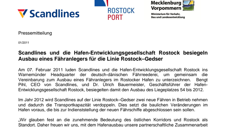 Scandlines und die Hafen-Entwicklungsgesellschaft Rostock besiegeln Ausbau eines Fähranlegers für die Linie Rostock–Gedser