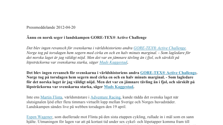 PDF Ännu en norsk seger i landskampen GORE-TEX® Active Challenge