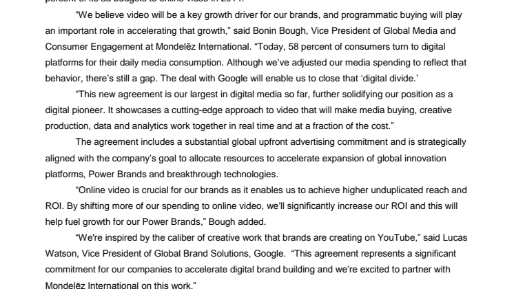 Mondelēz International Announces Deal with Google To Accelerate Online Video Investment