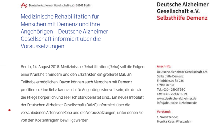 Medizinische Rehabilitation für Menschen mit Demenz und ihre Angehörigen – Deutsche Alzheimer Gesellschaft informiert über die Voraussetzungen