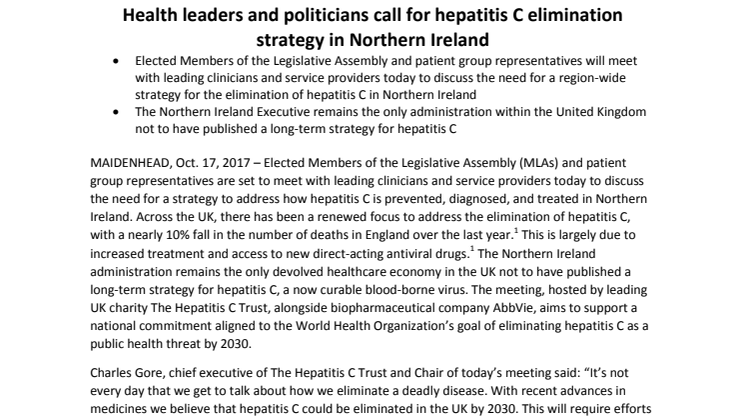 Health leaders and politicians call for hepatitis C elimination strategy in Northern Ireland