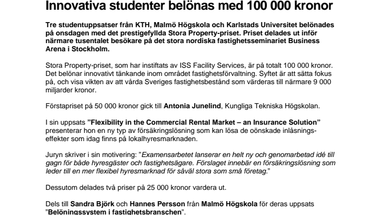 Stora Property-priset 2009: Innovativa studenter belönas med 100 000 kronor