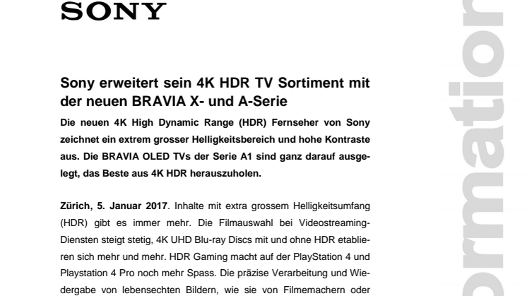 So​ny erweitert sein 4K HDR TV Sortiment mit der neuen BRAVIA X- und A-Serie