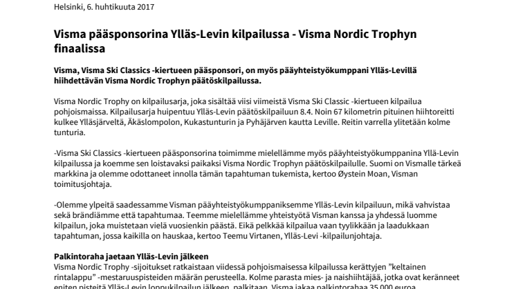 ​Visma pääsponsorina Ylläs-Levin kilpailussa - Visma Nordic Trophyn finaalissa