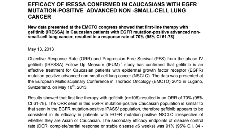 EFFICACY OF IRESSA CONFIRMED IN CAUCASIANS WITH EGFR MUTATION-POSITIVE ADVANCED NON -SMALL-CELL LUNG CANCER
