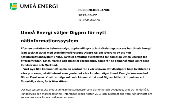 Umeå Energi väljer Digpro för nytt nätinformationssystem