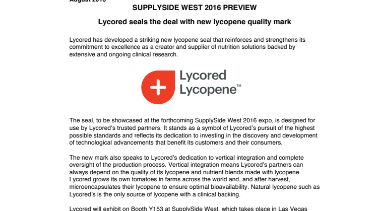 SUPPLYSIDE WEST 2016 PREVIEW: Lycored seals the deal with new lycopene quality mark