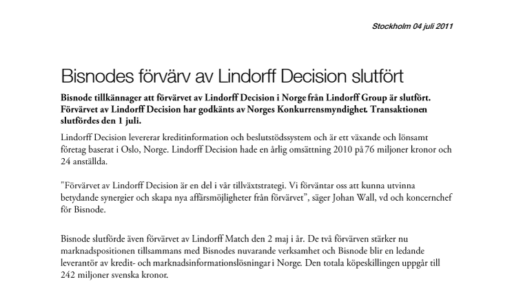 Bisnodes förvärv av Lindorff Decision slutfört
