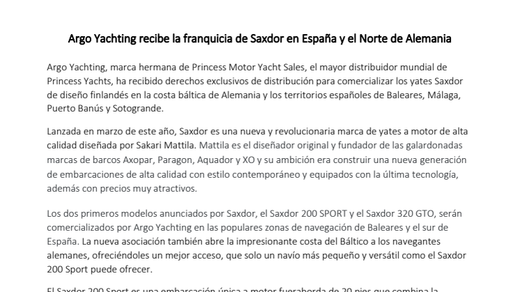 Argo Yachting recibe la franquicia de Saxdor en España y el Norte de Alemania