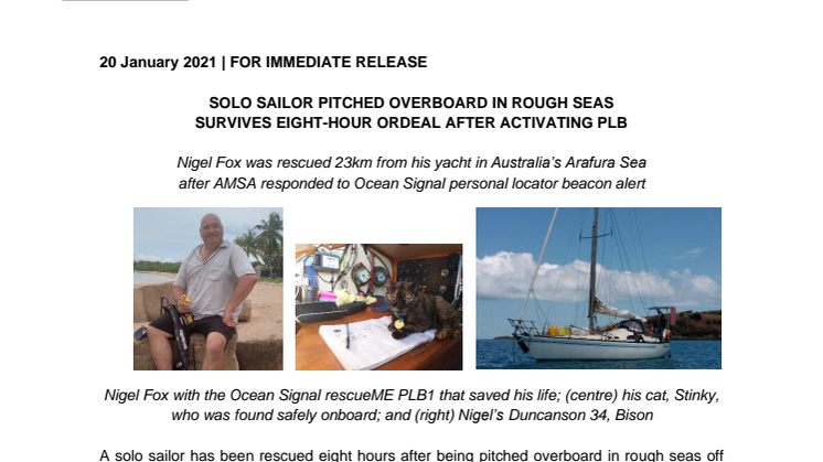  Solo Sailor Pitched Overboard Survives after Activating PLB