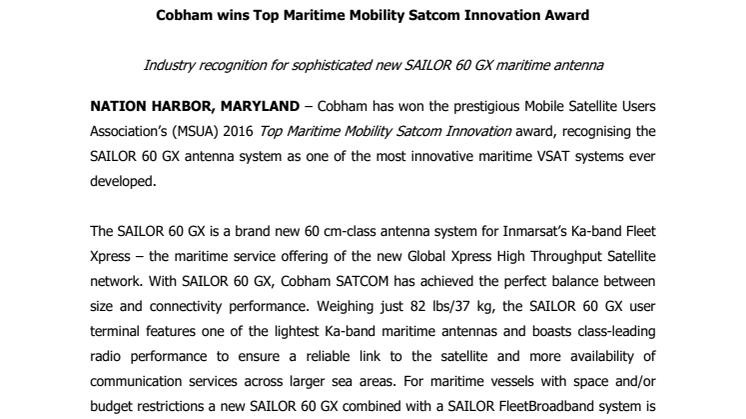 Cobham SATCOM: Cobham Wins Top Maritime Mobility Satcom Innovation Award