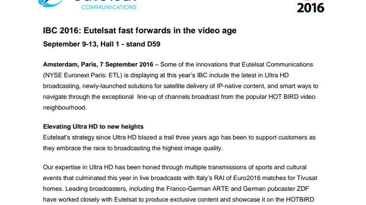 IBC 2016: Eutelsat fast forwards in the video age 