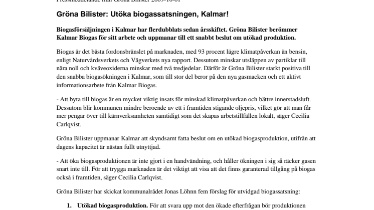 Gröna Bilister: Utöka biogassatsningen, Kalmar!