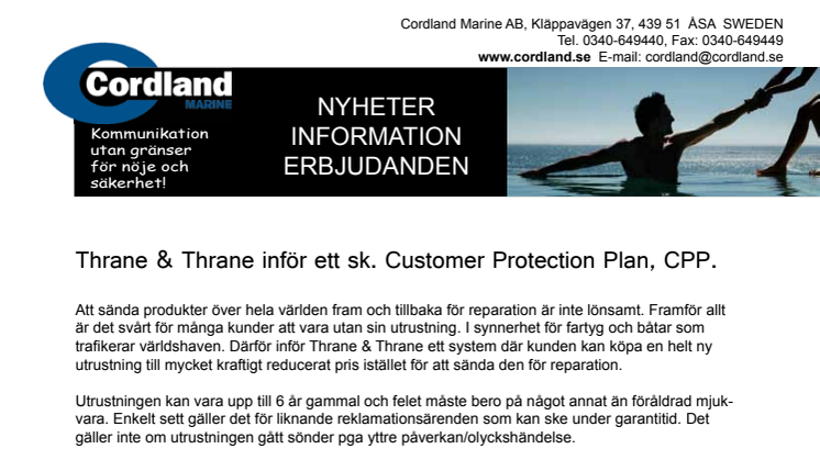 Thrane & Thrane 'SAILOR' inför ett sk. Customer Protection Plan, CPP