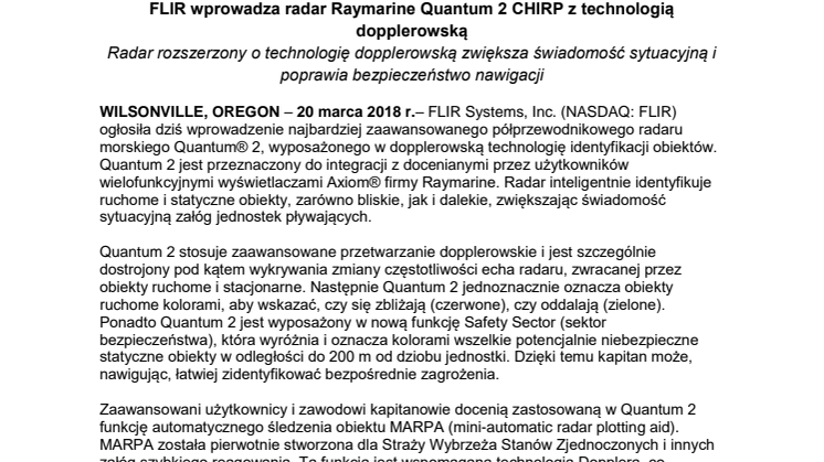 Raymarine: FLIR wprowadza radar Raymarine Quantum 2 CHIRP z technologią dopplerowską 