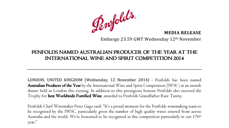 PENFOLDS NAMED AUSTRALIAN PRODUCER OF THE YEAR AT THE INTERNATIONAL WINE AND SPIRIT COMPETITION 2014