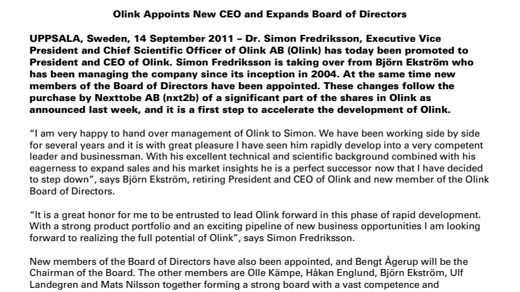 Olink Appoints New CEO and Expands Board of Directors 
