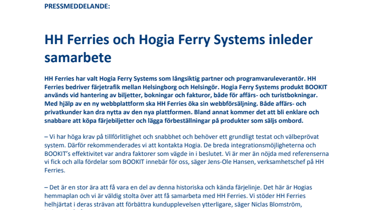 HH Ferries och Hogia Ferry Systems inleder samarbete