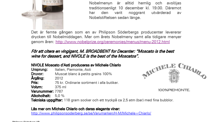 Pärlande vin förgyller Nobelmiddagens dessert - NIVOLE Moscato d’Asti