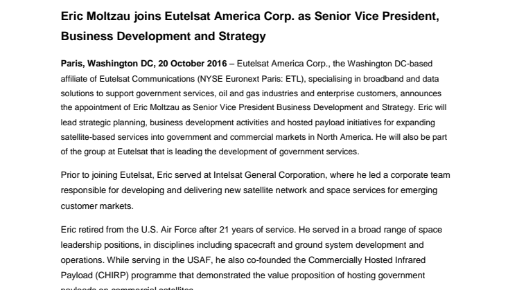 Eric Moltzau joins Eutelsat America Corp. as Senior Vice President, Business Development and Strategy